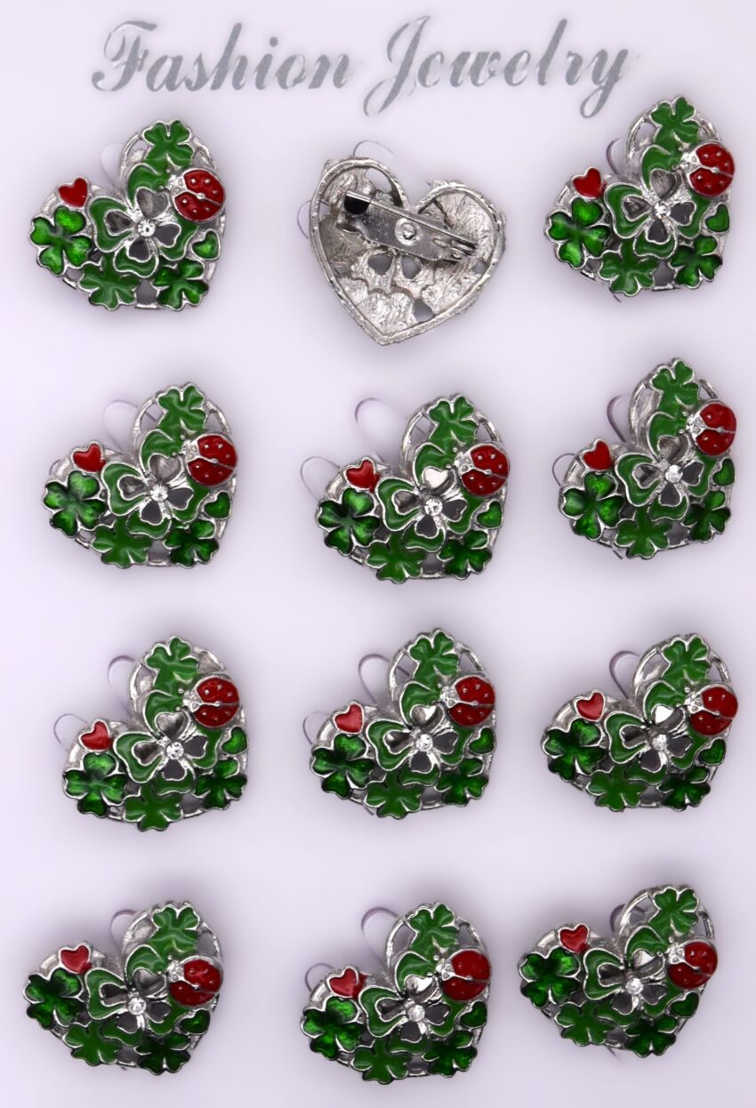 Комплект брошки Сърце с детелини и калинка - 12 бр.