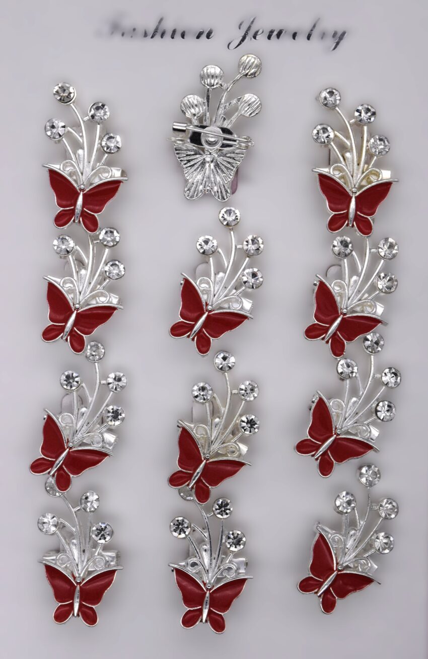 Комплект брошки Червена пеперуда с кристали - 12 бр.