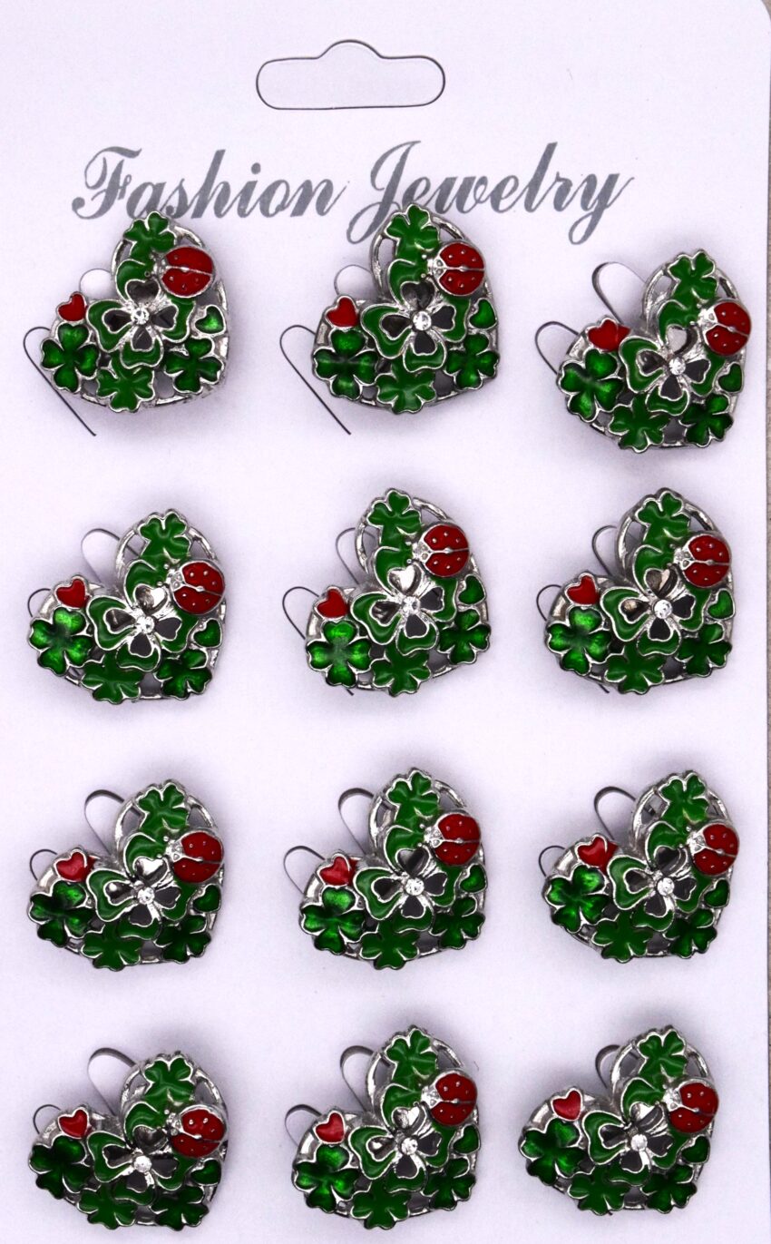 Комплект брошки Сърце с детелини и калинка - 12 бр.