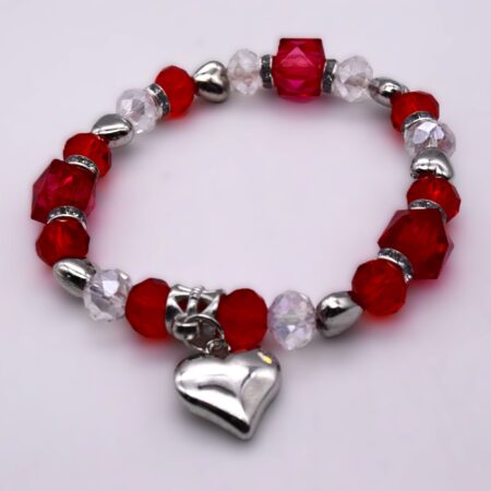 Еластична гривна мартеница – Червени кристали и сърце