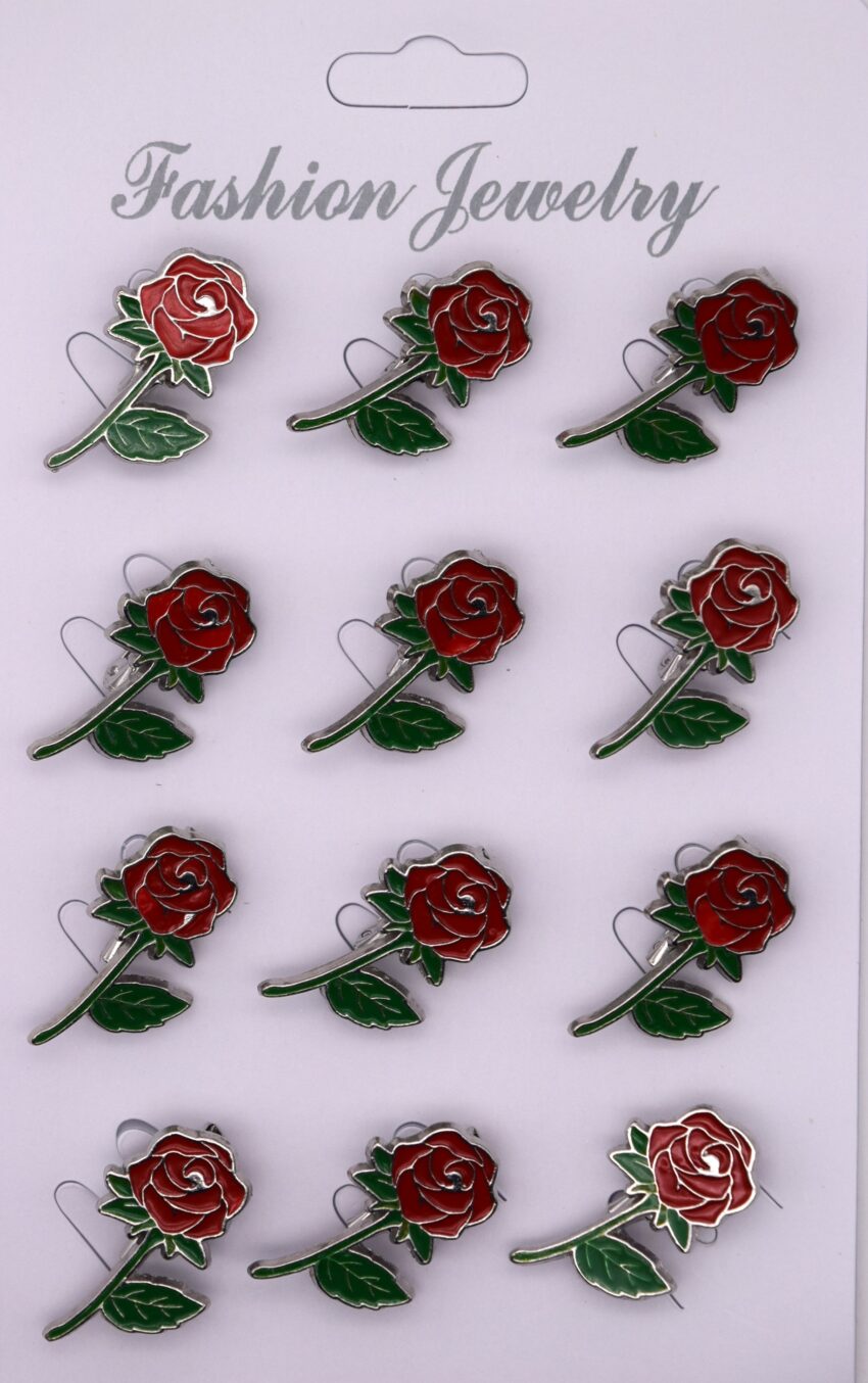 Комплект брошки Роза - Червено и зелено - 12 бр.